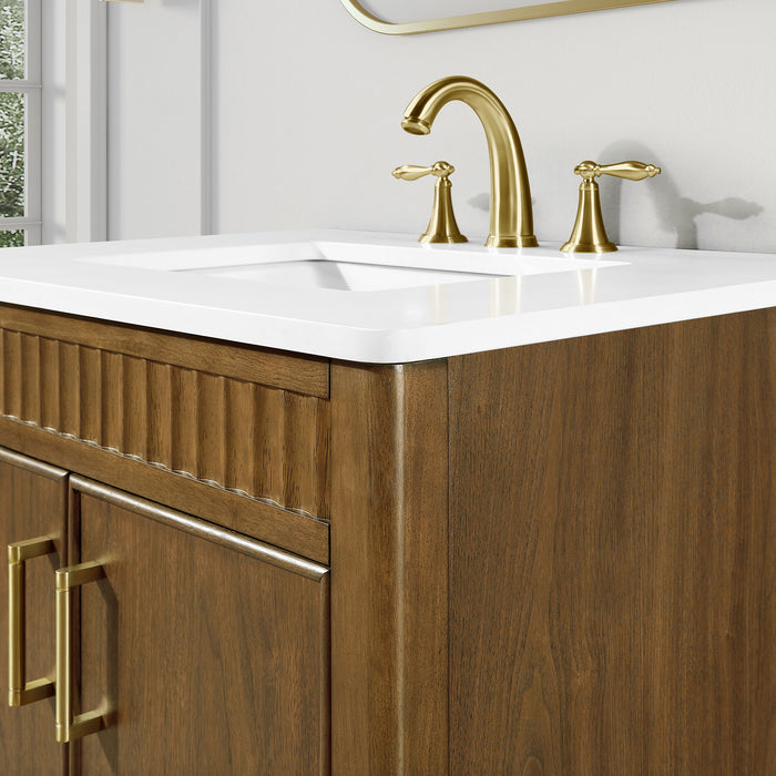 SIERRA - 30" Antique Walnut , Solid Wood Floor Standing Modern Bathroom Vanity,White Quartz Countertop ( PRE-ORDER NOW, ETA: 2026-04-20 ) - Construction Commodities Supply Inc.