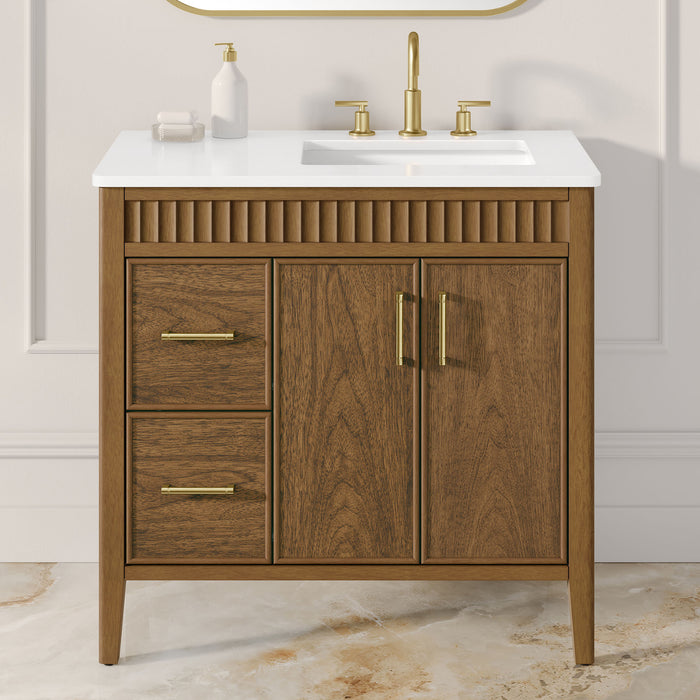 SIERRA - 36" Antique Walnut , Solid Wood Floor Standing Modern Bathroom Vanity,White Quartz Countertop ( PRE-ORDER NOW, ETA: 2026-04-20 ) - Construction Commodities Supply Inc.