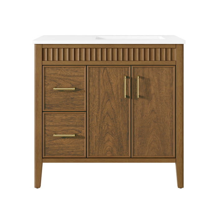 SIERRA - 36" Antique Walnut , Solid Wood Floor Standing Modern Bathroom Vanity,White Quartz Countertop ( PRE-ORDER NOW, ETA: 2026-04-20 ) - Construction Commodities Supply Inc.