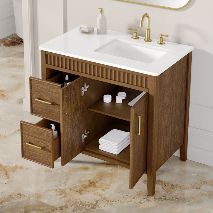SIERRA - 36" Antique Walnut , Solid Wood Floor Standing Modern Bathroom Vanity,White Quartz Countertop ( PRE-ORDER NOW, ETA: 2026-04-20 ) - Construction Commodities Supply Inc.