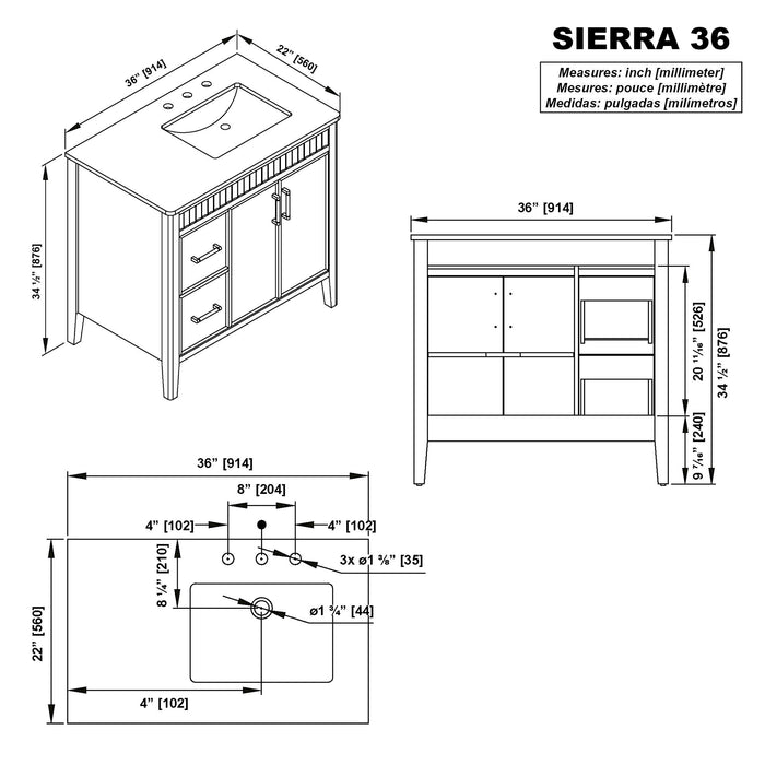 SIERRA - 36" Antique Walnut , Solid Wood Floor Standing Modern Bathroom Vanity,White Quartz Countertop ( PRE-ORDER NOW, ETA: 2026-04-20 ) - Construction Commodities Supply Inc.