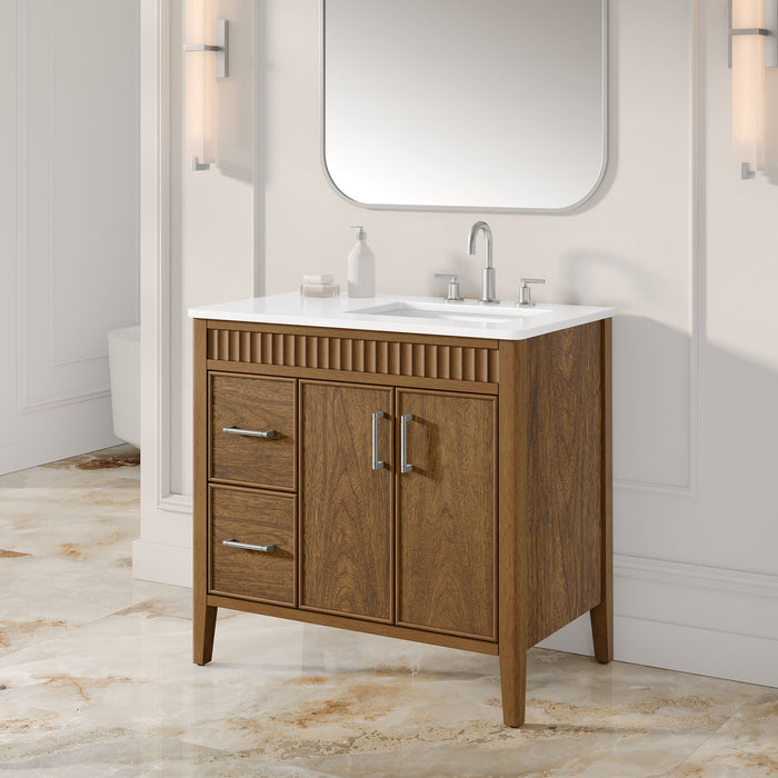 SIERRA - 36" Antique Walnut , Solid Wood Floor Standing Modern Bathroom Vanity,White Quartz Countertop ( PRE-ORDER NOW, ETA: 2026-04-20 ) - Construction Commodities Supply Inc.