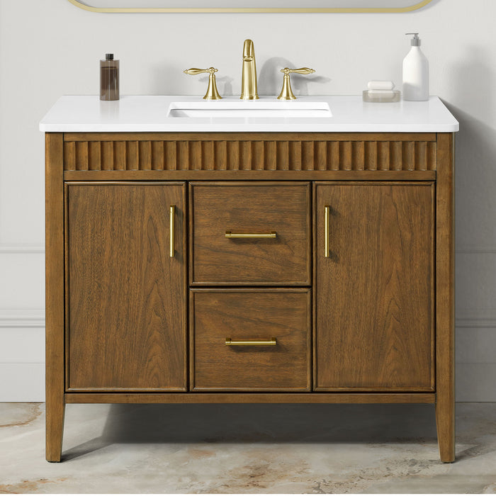 SIERRA - 42" Antique Walnut , Solid Wood Floor Standing Modern Bathroom Vanity,White Quartz Countertop ( PRE-ORDER NOW, ETA: 2026-04-20 ) - Construction Commodities Supply Inc.