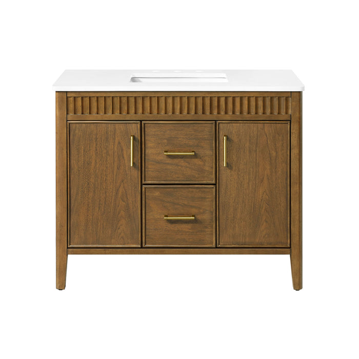 SIERRA - 42" Antique Walnut , Solid Wood Floor Standing Modern Bathroom Vanity,White Quartz Countertop ( PRE-ORDER NOW, ETA: 2026-04-20 ) - Construction Commodities Supply Inc.