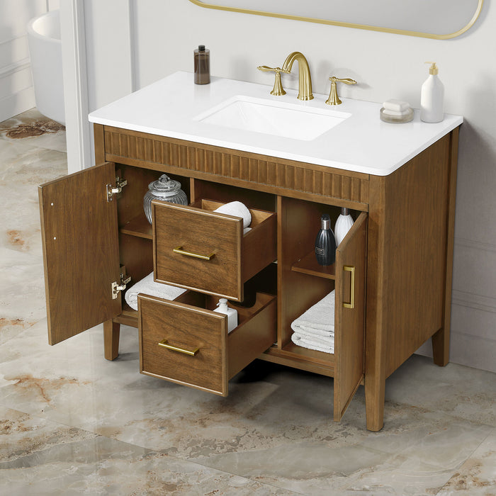 SIERRA - 42" Antique Walnut , Solid Wood Floor Standing Modern Bathroom Vanity,White Quartz Countertop ( PRE-ORDER NOW, ETA: 2026-04-20 ) - Construction Commodities Supply Inc.