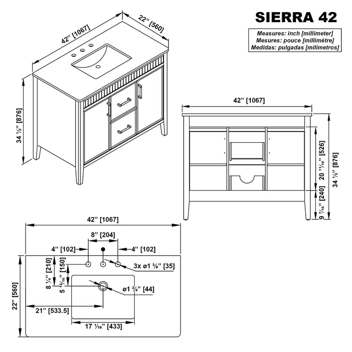 SIERRA - 42" Antique Walnut , Solid Wood Floor Standing Modern Bathroom Vanity,White Quartz Countertop ( PRE-ORDER NOW, ETA: 2026-04-20 ) - Construction Commodities Supply Inc.