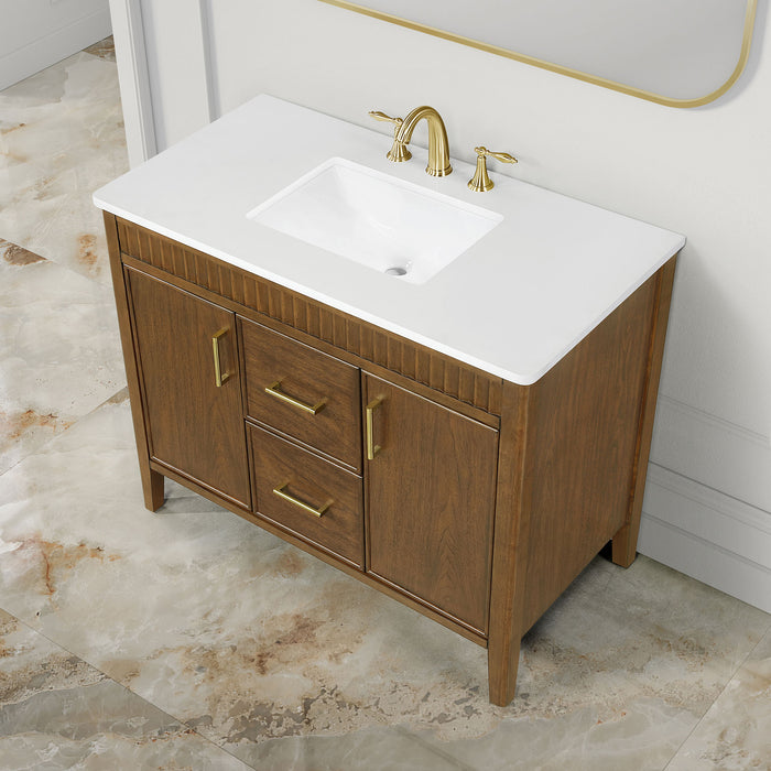 SIERRA - 42" Antique Walnut , Solid Wood Floor Standing Modern Bathroom Vanity,White Quartz Countertop ( PRE-ORDER NOW, ETA: 2026-04-20 ) - Construction Commodities Supply Inc.