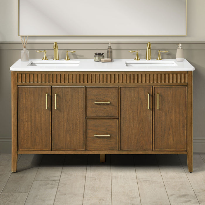 SIERRA - 60" Double sink Antique Walnut , Solid Wood Floor Standing Modern Bathroom Vanity,White Quartz Countertop ( PRE-ORDER NOW, ETA: 2026-04-20 ) - Construction Commodities Supply Inc.