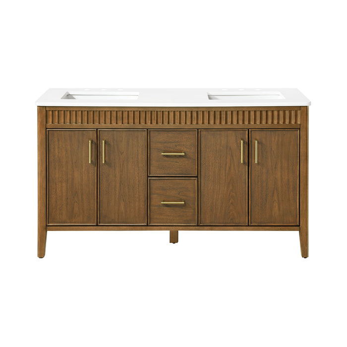 SIERRA - 60" Double sink Antique Walnut , Solid Wood Floor Standing Modern Bathroom Vanity,White Quartz Countertop ( PRE-ORDER NOW, ETA: 2026-04-20 ) - Construction Commodities Supply Inc.