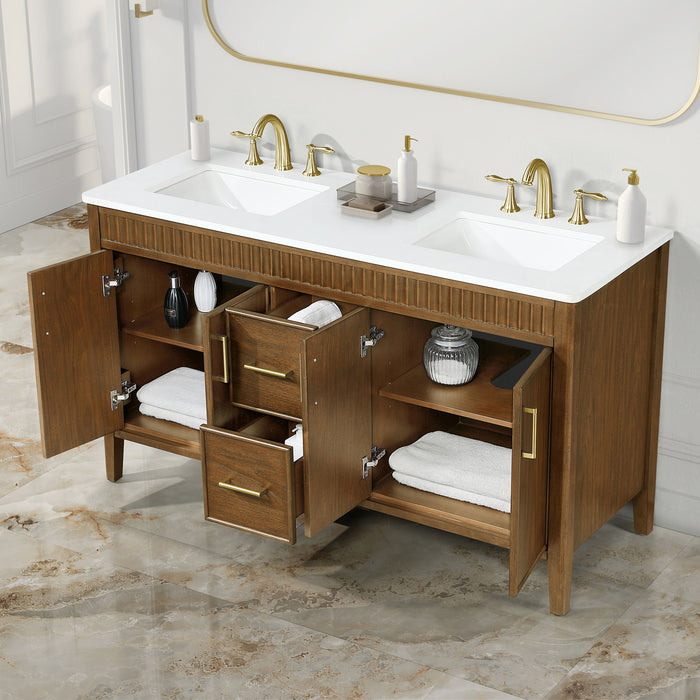SIERRA - 60" Double sink Antique Walnut , Solid Wood Floor Standing Modern Bathroom Vanity,White Quartz Countertop ( PRE-ORDER NOW, ETA: 2026-04-20 ) - Construction Commodities Supply Inc.