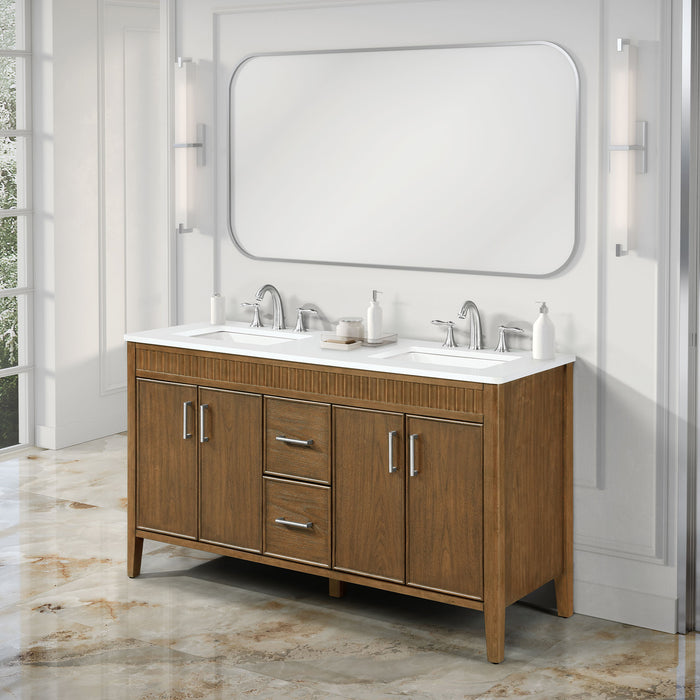 SIERRA - 60" Double sink Antique Walnut , Solid Wood Floor Standing Modern Bathroom Vanity,White Quartz Countertop ( PRE-ORDER NOW, ETA: 2026-04-20 ) - Construction Commodities Supply Inc.
