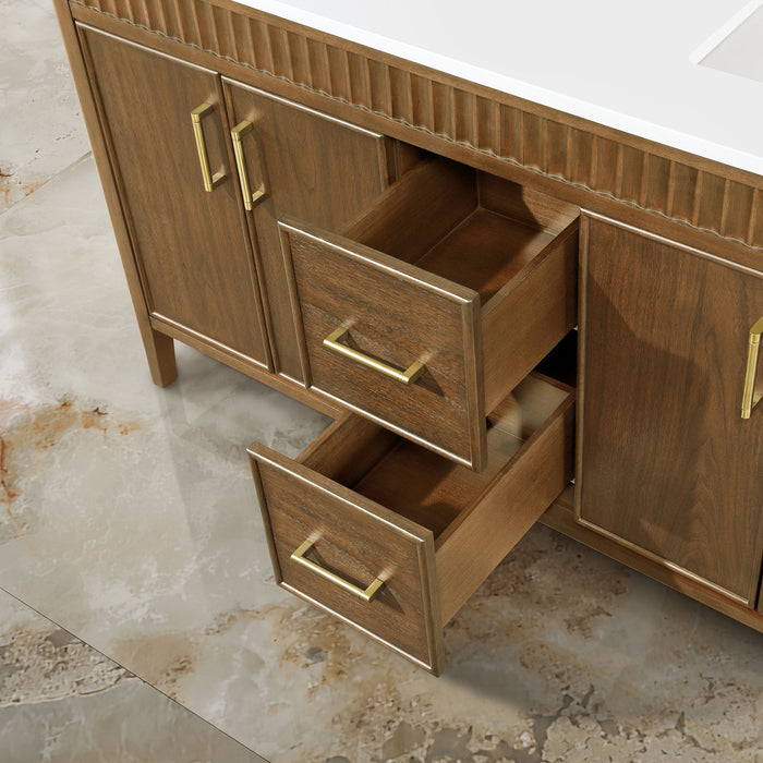 SIERRA - 60" Double sink Antique Walnut , Solid Wood Floor Standing Modern Bathroom Vanity,White Quartz Countertop ( PRE-ORDER NOW, ETA: 2026-04-20 ) - Construction Commodities Supply Inc.