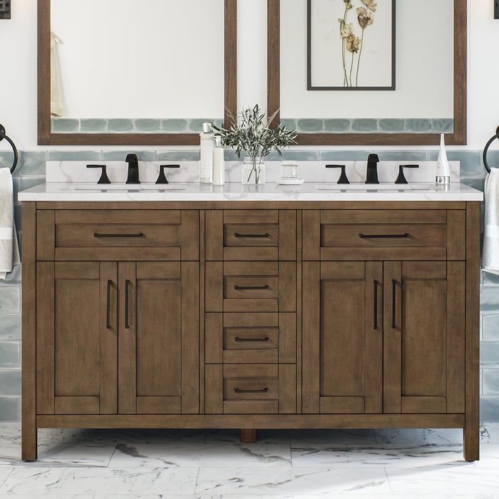 TAHOE- 60" Double Sink ,Almond Latte, Solid Wood Bathroom Vanity with marble countertop - Construction Commodities Supply Inc.