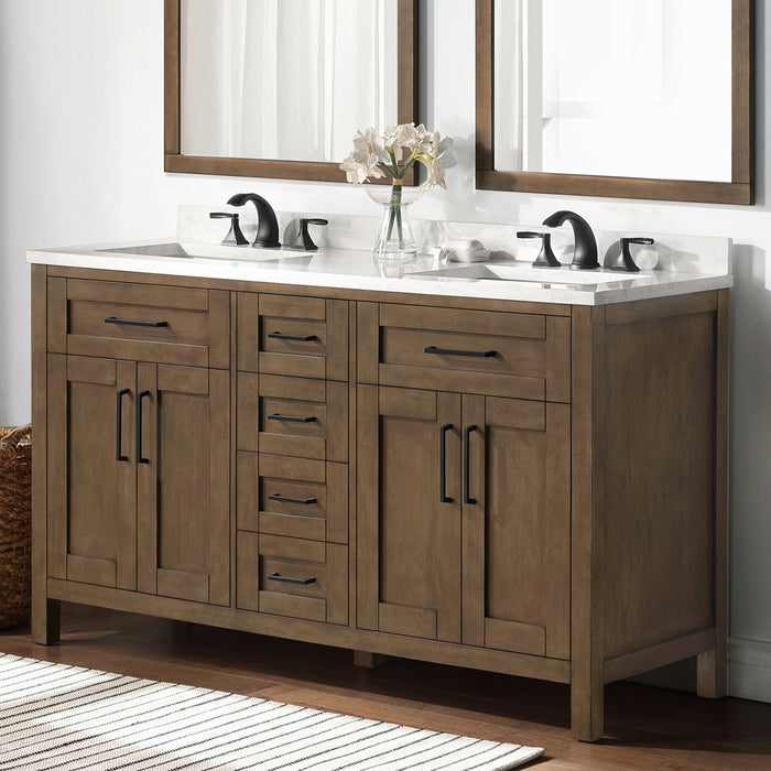 TAHOE- 60" Double Sink ,Almond Latte, Solid Wood Bathroom Vanity with marble countertop - Construction Commodities Supply Inc.