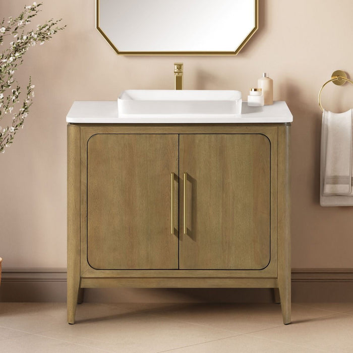 WINDSOR  - 36" BROWN OAK Solid wood Bathroom Vanity with White quartz top & overmount sink.