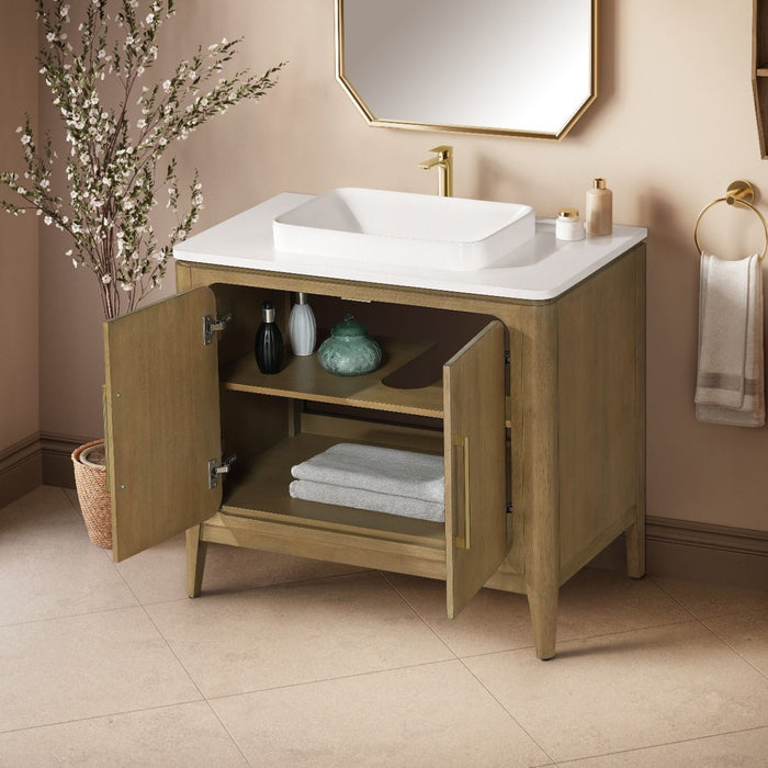 WINDSOR  - 36" BROWN OAK Solid wood Bathroom Vanity with White quartz top & overmount sink.