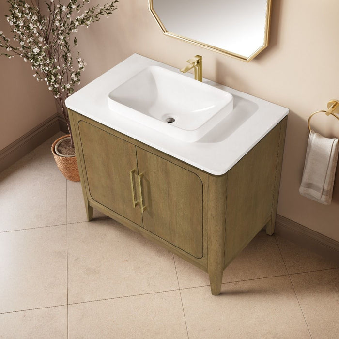 WINDSOR  - 36" BROWN OAK Solid wood Bathroom Vanity with White quartz top & overmount sink.