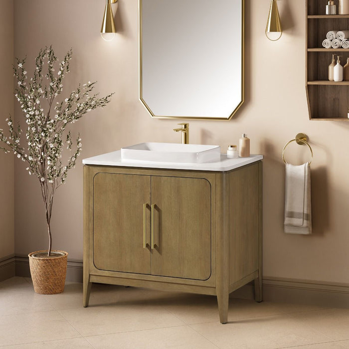 WINDSOR  - 36" BROWN OAK Solid wood Bathroom Vanity with White quartz top & overmount sink.