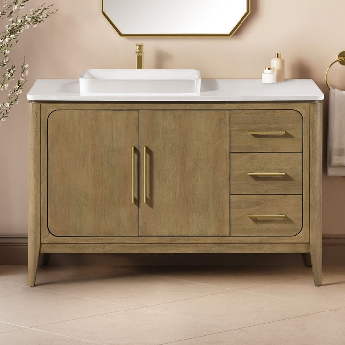 WINDSOR  - 48" BROWN OAK Solid wood Bathroom Vanity with White quartz top & overmount sink.
