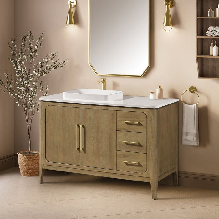 WINDSOR  - 48" BROWN OAK Solid wood Bathroom Vanity with White quartz top & overmount sink.