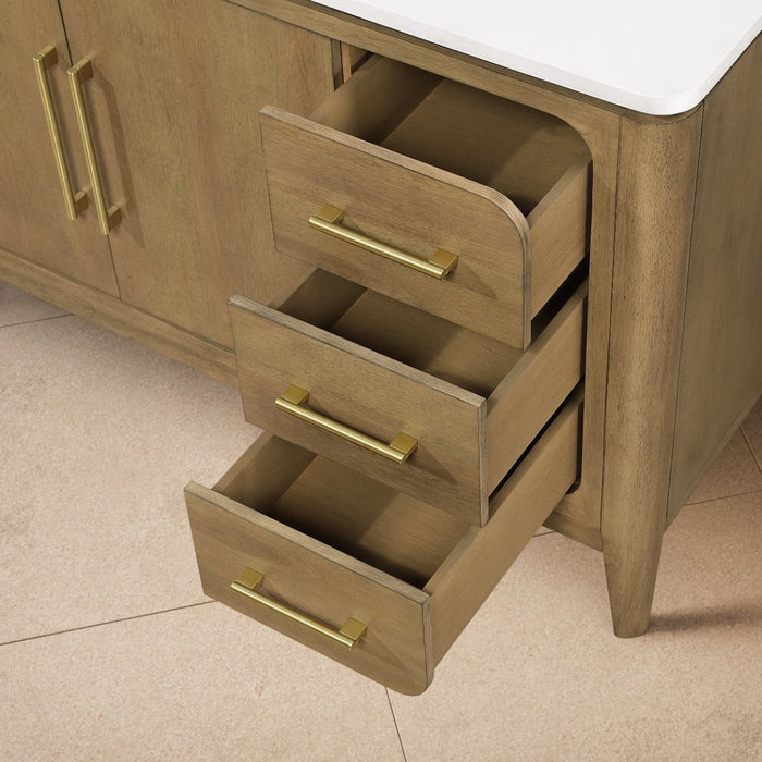 WINDSOR  - 48" BROWN OAK Solid wood Bathroom Vanity with White quartz top & overmount sink.