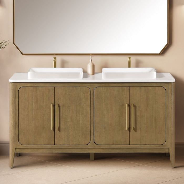 WINDSOR - 60" Double sink, BROWN OAK Solid wood Bathroom Vanity with White quartz top & overmount sinks.