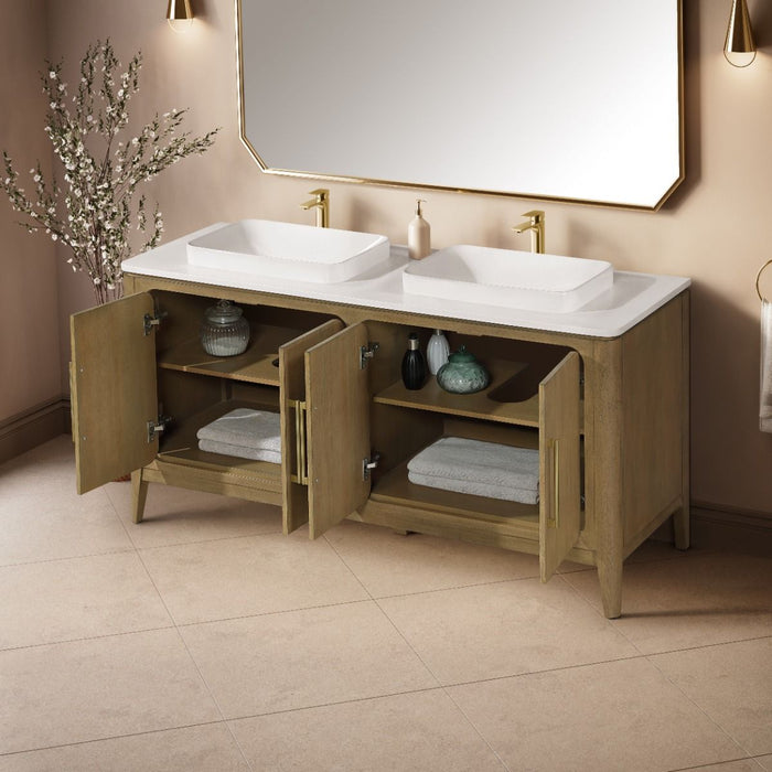 WINDSOR - 60" Double sink, BROWN OAK Solid wood Bathroom Vanity with White quartz top & overmount sinks.
