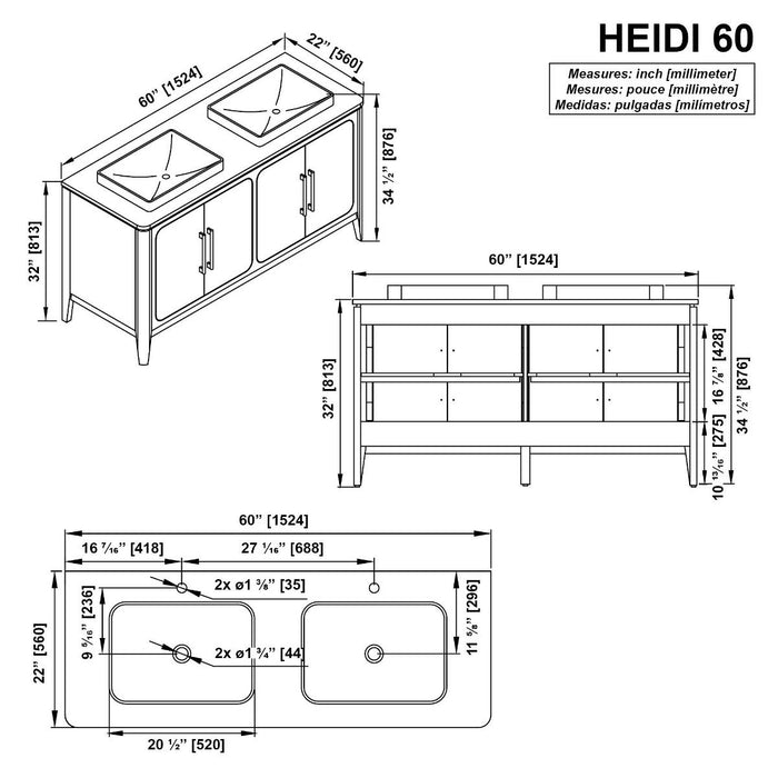 WINDSOR - 60" Double sink, BROWN OAK Solid wood Bathroom Vanity with White quartz top & overmount sinks.