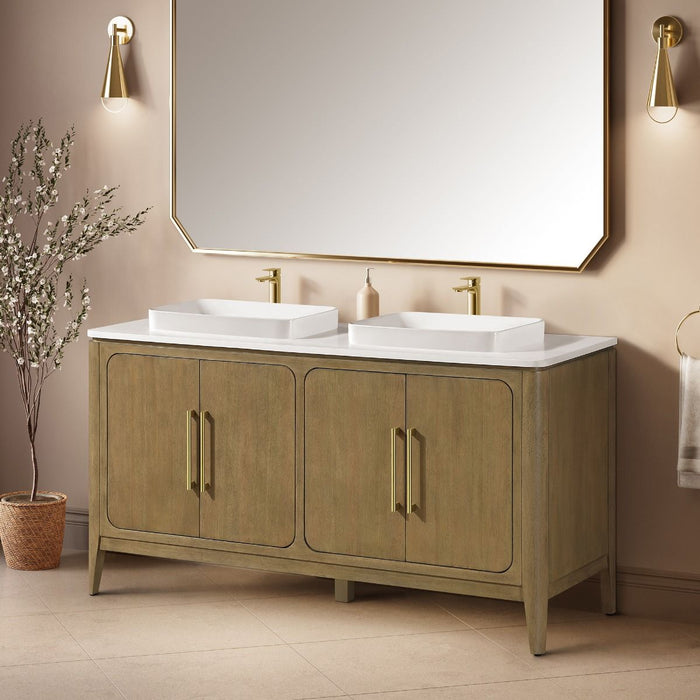 WINDSOR - 60" Double sink, BROWN OAK Solid wood Bathroom Vanity with White quartz top & overmount sinks.