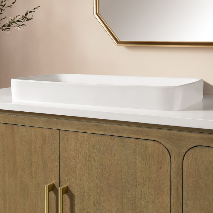 WINDSOR - 60" Double sink, BROWN OAK Solid wood Bathroom Vanity with White quartz top & overmount sinks.