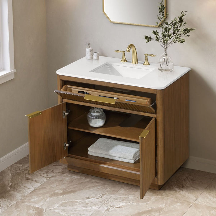 XANDER - 36"  WALNUT Solid Wood Bathroom Vanity with White Engineered stone top