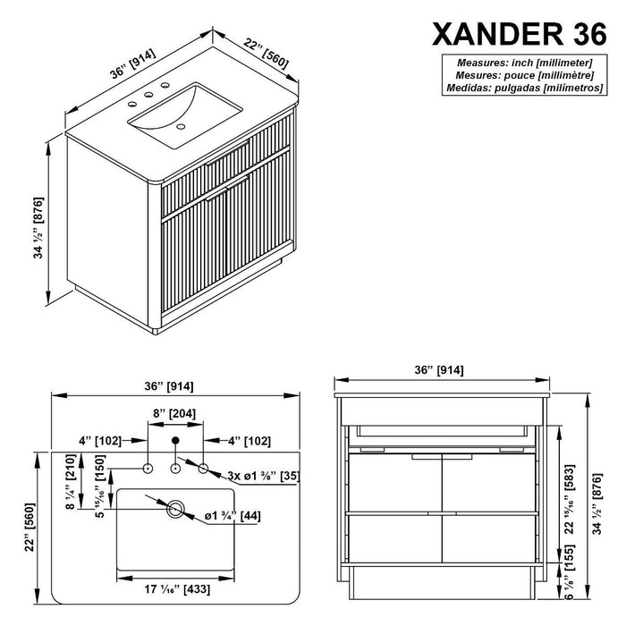 XANDER - 36"  WALNUT Solid Wood Bathroom Vanity with White Engineered stone top