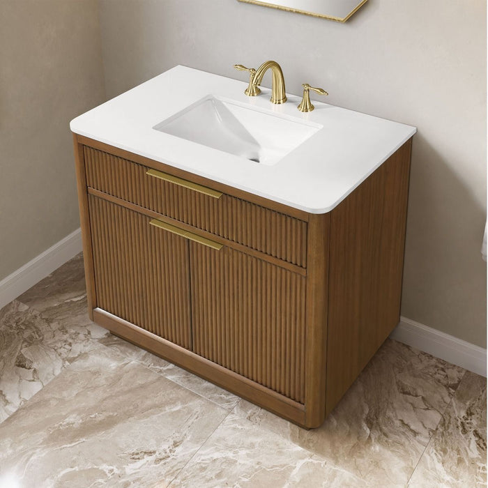 XANDER - 36"  WALNUT Solid Wood Bathroom Vanity with White Engineered stone top