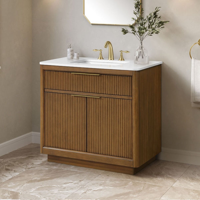 XANDER - 36"  WALNUT Solid Wood Bathroom Vanity with White Engineered stone top