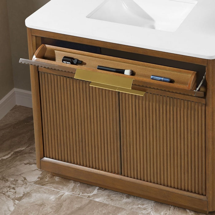 XANDER - 36"  WALNUT Solid Wood Bathroom Vanity with White Engineered stone top