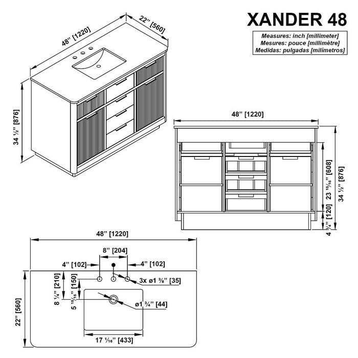 XANDER  - 48"  WALNUT Solid Wood Bathroom Vanity with White Engineered stone top