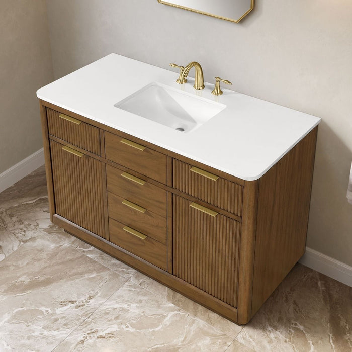 XANDER  - 48"  WALNUT Solid Wood Bathroom Vanity with White Engineered stone top