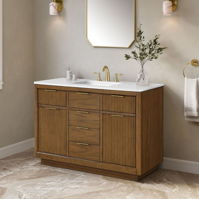 XANDER  - 48"  WALNUT Solid Wood Bathroom Vanity with White Engineered stone top