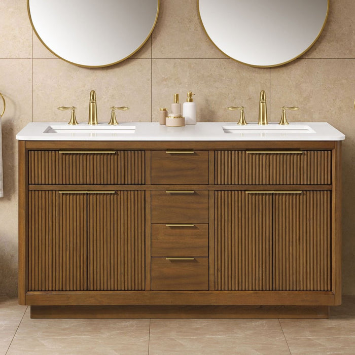 XANDER - 60" Double Sink, WALNUT Solid wood  Bathroom Vanity with White Engineered stone top