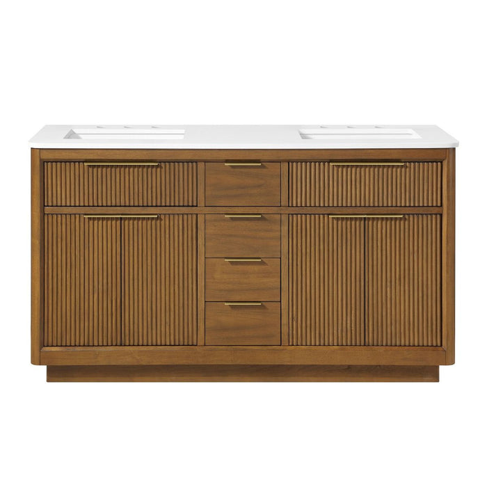 XANDER - 60" Double Sink, WALNUT Solid wood  Bathroom Vanity with White Engineered stone top