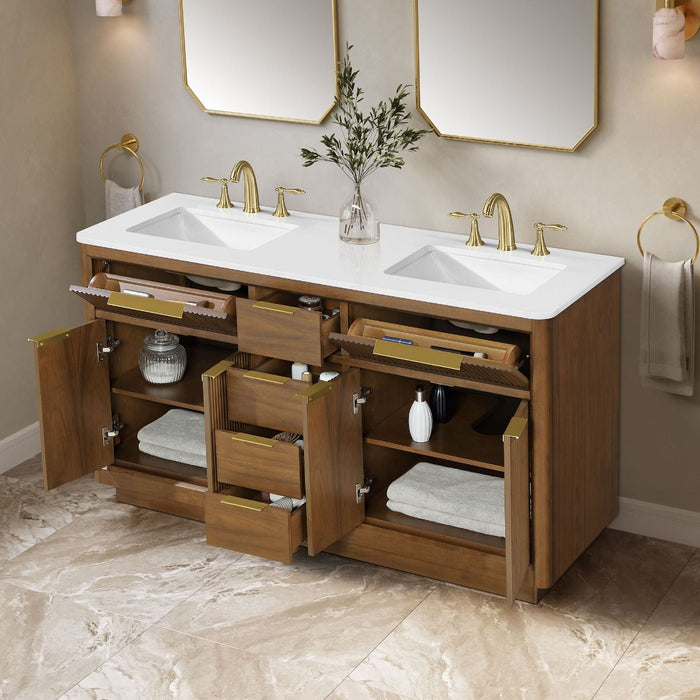 XANDER - 60" Double Sink, WALNUT Solid wood  Bathroom Vanity with White Engineered stone top