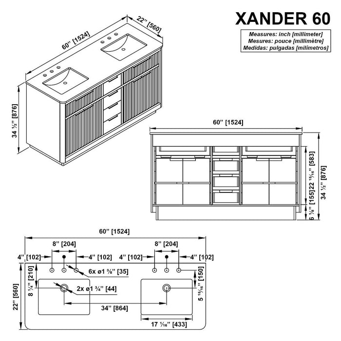 XANDER - 60" Double Sink, WALNUT Solid wood  Bathroom Vanity with White Engineered stone top