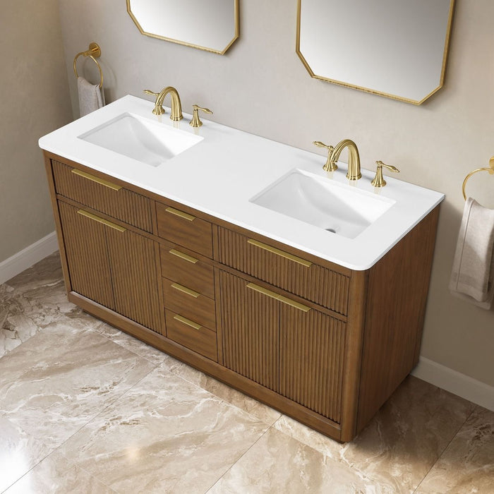 XANDER - 60" Double Sink, WALNUT Solid wood  Bathroom Vanity with White Engineered stone top
