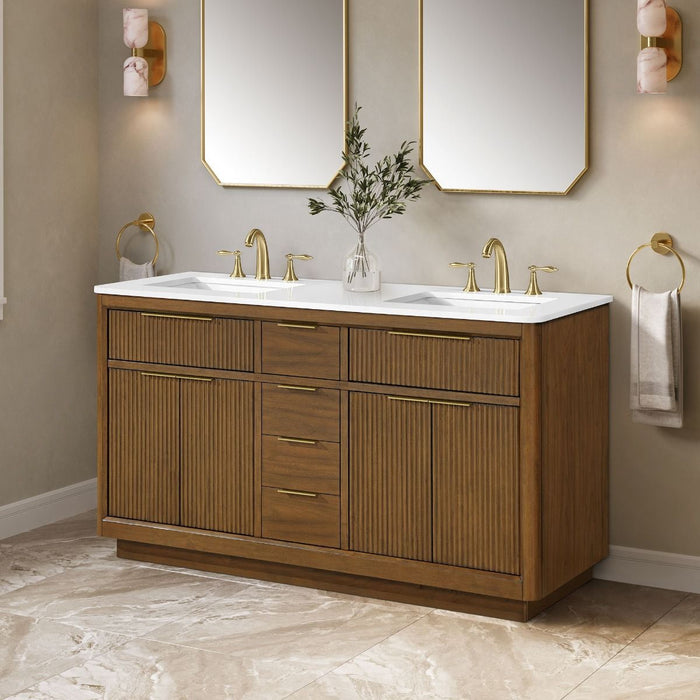 XANDER - 60" Double Sink, WALNUT Solid wood  Bathroom Vanity with White Engineered stone top