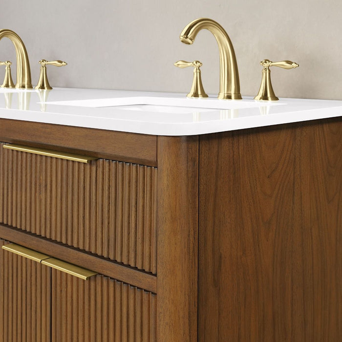 XANDER - 60" Double Sink, WALNUT Solid wood  Bathroom Vanity with White Engineered stone top