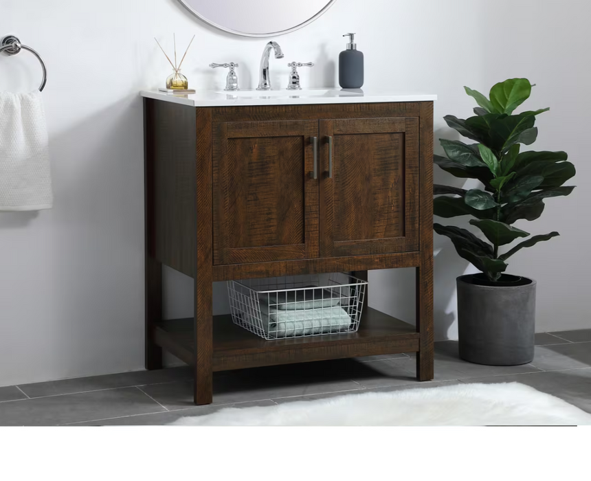 ELEGANT 30" Dark Brown Oak ,Floor Standing Modern Bathroom Vanity, Marble Countertop