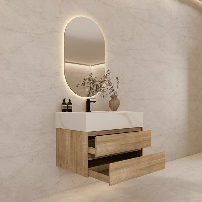 AQUA-32" LIGHT OAK Wall Mount Vanity with Sintered Stone Top - Construction Commodities Supply Inc.