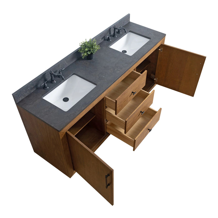 GLORIA- 72x22x34’’ Double Sink Bathroom Vanity in Tan withBlack Limestone Top