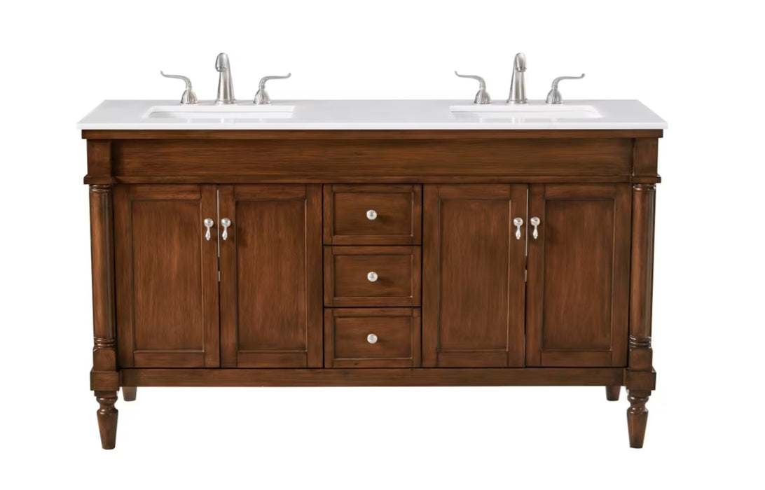 MODORA- 60" Double sink Walnut , Floor Standing Bathroom Vanity, Quartz Countertop