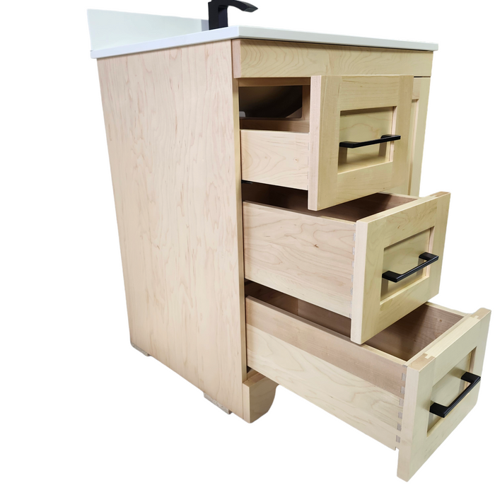 CANADIAN MAPLE - 30"  Left Side Drawers, Natural Stain Floor Standing Bathroom Vanity With Quartz Countertop - Construction Commodities Supply Inc.